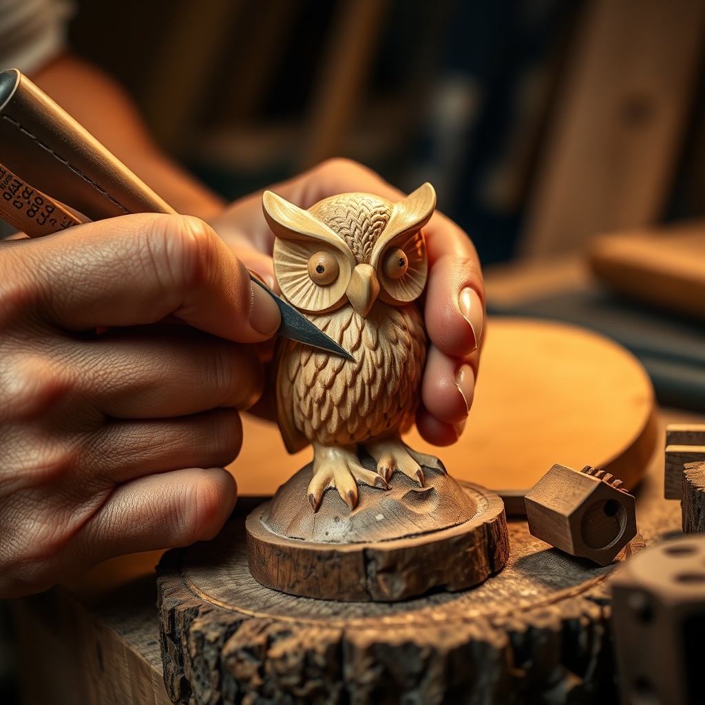 Hands carving a wooden owl figurine