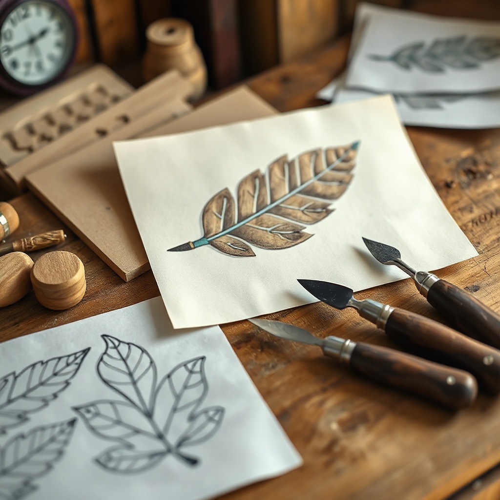 Carving patterns and chisels on a workbench