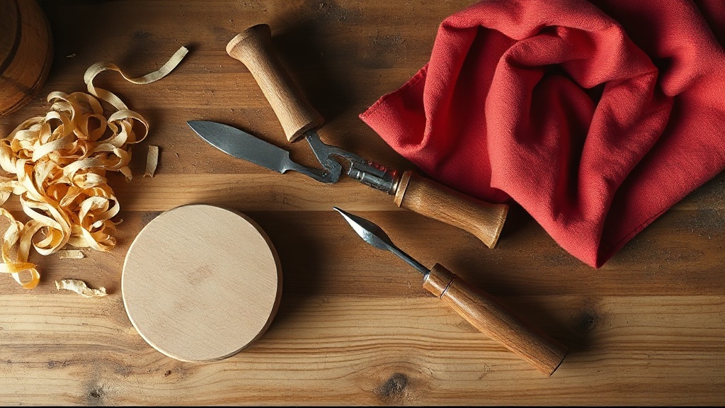 Wood carving workbench with gouges and shavings